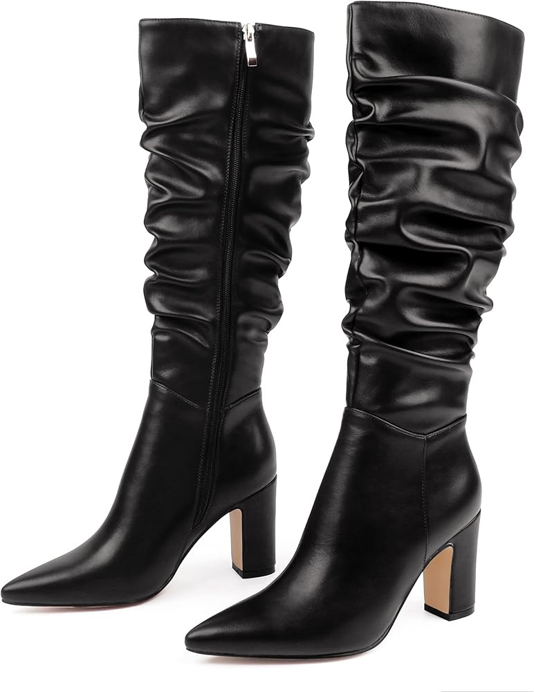 Women's High Block Heel Wrinkled Slouchy Zipper Knee High Boots Black US 8.5 | Amazon (US)
