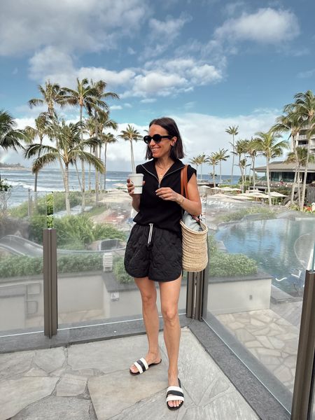 Casual walking and breakfast outfit 
Shorts are so comfortable and the quilted style is so chic. Run tts 
Love this half zip sleeveless pullover 
Sandals are so comfortable and 10% off with code ITSYBITSYINDULGENCES10

#LTKover40