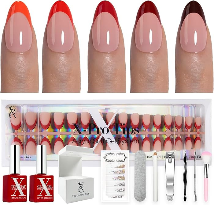SXC Cosmetics French Tip Press On Nails – Red Series, Short Almond, X-Pro Tips Starter Kit | 16... | Amazon (US)