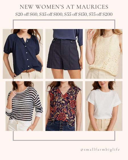 New women’s at Maurices. Date night outfit. Summer outfit. Sale May 13-16 get $20 off $60, $30 off $100, $55 off $150 or $75 off $200. Crochet front tank top. High rise 4-inch shorts. Puff sleeve button down blouse. Striped open stitch sweater. Floral print vneck blouse. Sleeveless tops. White flutter sleeve top  

#LTKSaleAlert #LTKOver40 #LTKFindsUnder50