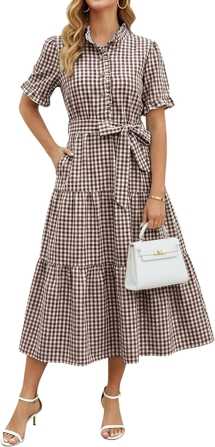 ebossy Women's Vintage Plaid Polo Shirt Dress Ruffled Collar Short Sleeve Loose Mid Long Gingham Dress with Pockets | Amazon (US)