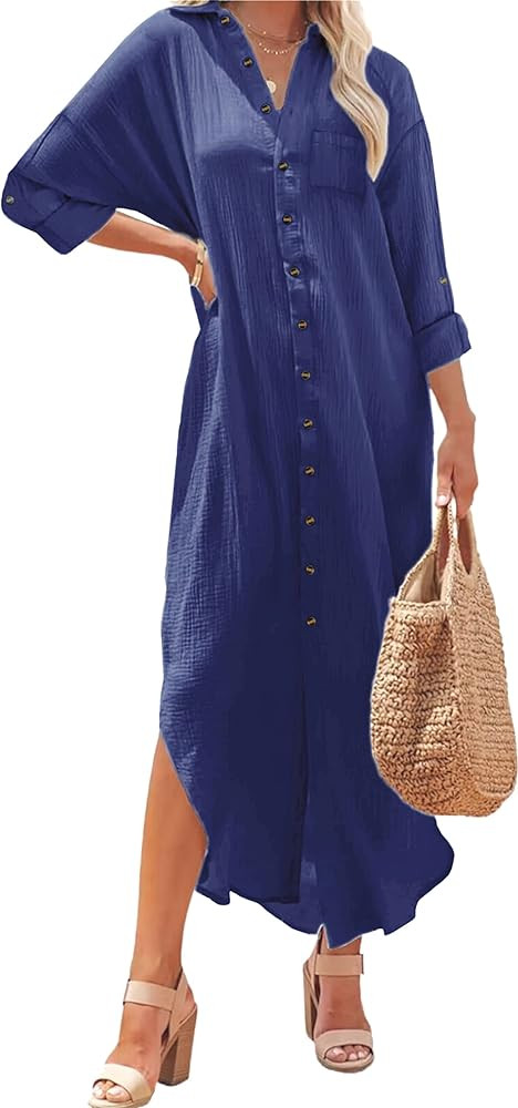 Kuraki Women's Casual Print Button Front Maxi Shirt Dress | Amazon (US)