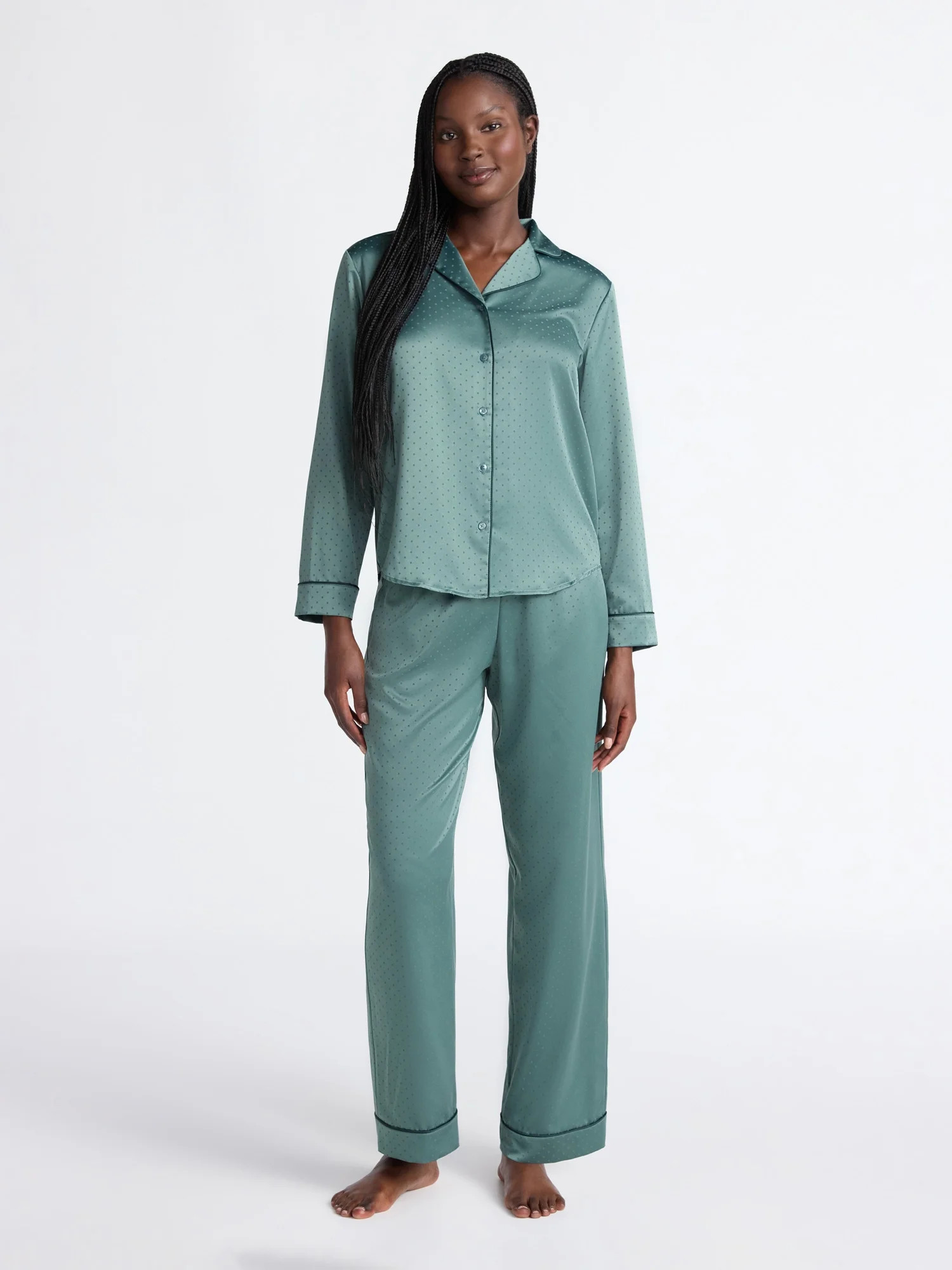 Joyspun Women’s Stretch Satin Notch Long Sleeve Top and Pants Pajama Set, 2-Piece, Sizes XS-3X | Walmart (US)