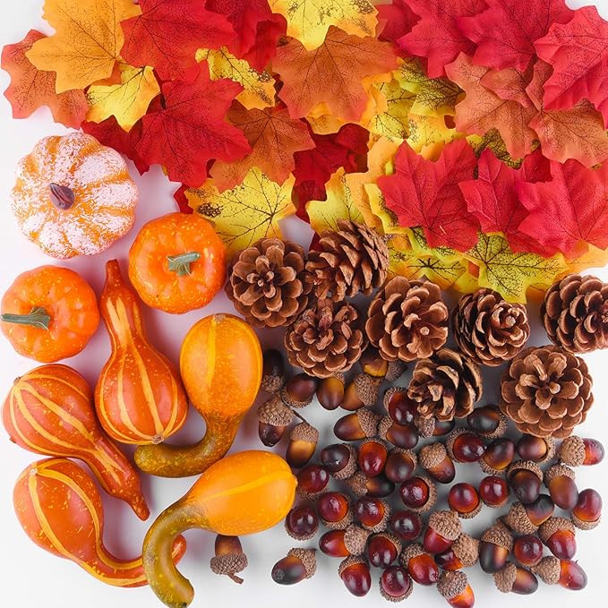 FFEPITO 96 Pcs Fall Thanksgiving Decorations, Mini Artificial Pumpkins, Pine Cones, Fall Leaves, ... | Amazon (US)