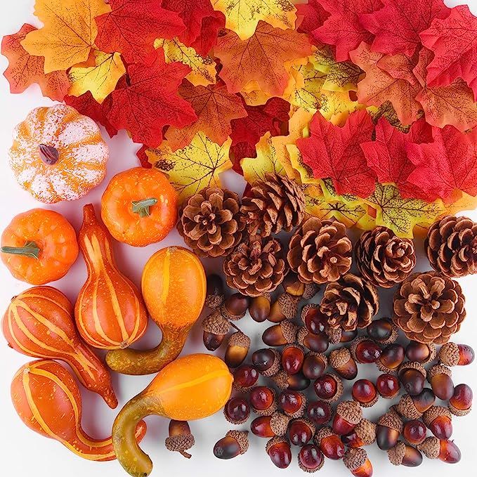 FFEPITO 96 Pcs Fall Thanksgiving Decorations, Mini Artificial Pumpkins, Pine Cones, Fall Leaves, ... | Amazon (US)