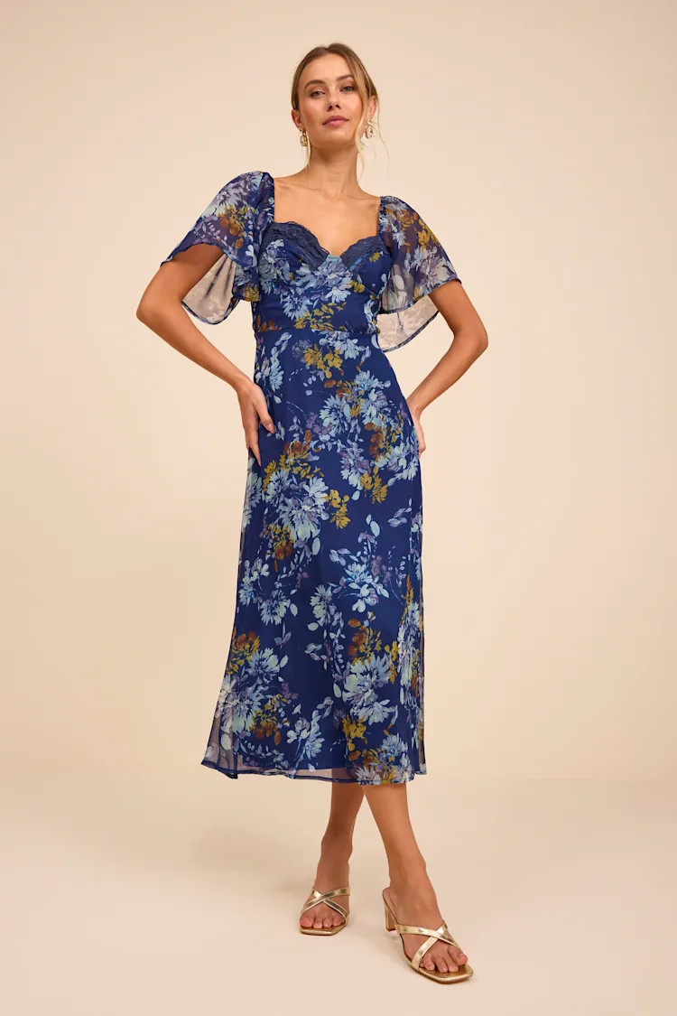 Valla Navy Blue Floral Flutter Sleeve Midi Dress | Lulus