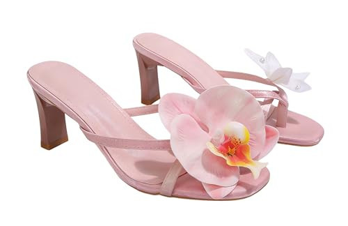 Jemnpela Women's Square Toe Thong Heeled Flip Flops-Kitten Heel Sandals with 3D Orchid Butterfly Rhinestone Flower Appliques Elegant Open Toe Mules for Summer Beach Vacation Wedding Party Dressy | Amazon (US)