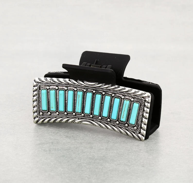 Western Turquoise Stone Hair Claw Clip - Burnished Silver Concho | Etsy (US)