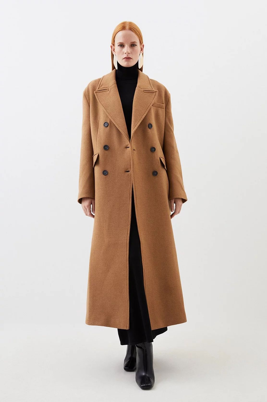 Italian Wool Blend Strong Shoulder Double Breasted Coat | Karen Millen UK + IE + DE + NL