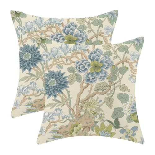 CXMEIFLY Chinoiserie Floral Pillow Covers 18 x 18 Inch Set of 2 Vintage Blue Green Flowers Decor Throw Pillows Retro Rustic Outdoor Farmhouse Linen Decorative Pillowcases for Couch Bed Sofa | Amazon (US)
