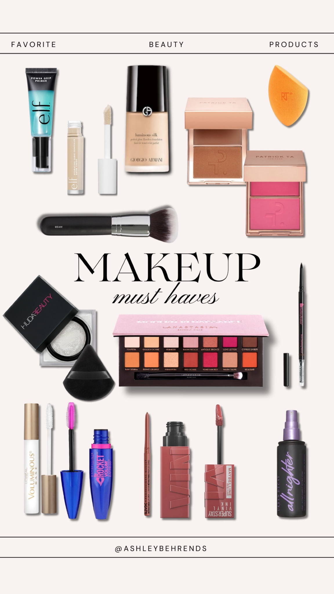 My 2023 Makeup Favorites 💄
Skin base:
✨ E.L.F. Power Grip Primer
✨E.L.F. Hydrating Camo Concealer - Medium peach 
✨Armani Beauty Luminous Silk Perfect Glow Flawless Oil-Free Foundation - 5.25 

Under eyes:
✨ E.L.F. Hydrating Camo Concealer - Light peach 
✨Huda Beauty Easy Bake Loose Baking & Setting Powder - Sugar Cookie 

Contour/blush:
✨Patrick Ta Major Sculpt Crème Contour & Powder Bronzer Duo - She’s Bronzed
✨Patrick Ta Major Headlines Double-Take Crème & Powder Blush Duo - She’s A Doll 

Eyes: 
✨L'Oréal Mascara Primer 
✨Maybelline Volum' Express The Rocket Mascara - Blackest black 

✨Modern renaissance palette - Raw Sienna, Burnt Orange, Realgar 

Eyebrows:
✨Kelley baker brow pencil - Brown 

Highlight/inner corner eye: 
✨Tarte PRO glow to go - Burst 

Lip:
✨NYX lip liner - Sand beige 
✨Maybelline New York Super Stay Vinyl Ink - Cheeky 

Setting spray: 
✨Urban Decay All Nighter Long-Lasting Makeup Setting Spray

Included my top used makeup brushes 
#makeuproutine #everydaymakeup #makeup #beautyfavorites #lipcombo #lipliner #lipstick #eyebrowpencil #glowy #makeuptips #glam #beauty #holygrail #favorites 

#LTKfindsunder100 #LTKstyletip #LTKbeauty