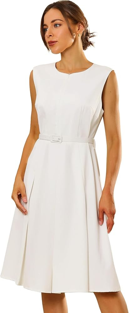 Women's A-Line Dress Sleeveless Zip Up Office Work Flare Pleated Dresses with Belted | Amazon (US)