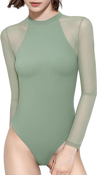 PUMIEY Mesh Long Sleeve Bodysuit for Women Crew Neck Body Suits Sexy Sheer Tops Smoke Cloud Pro C... | Amazon (US)
