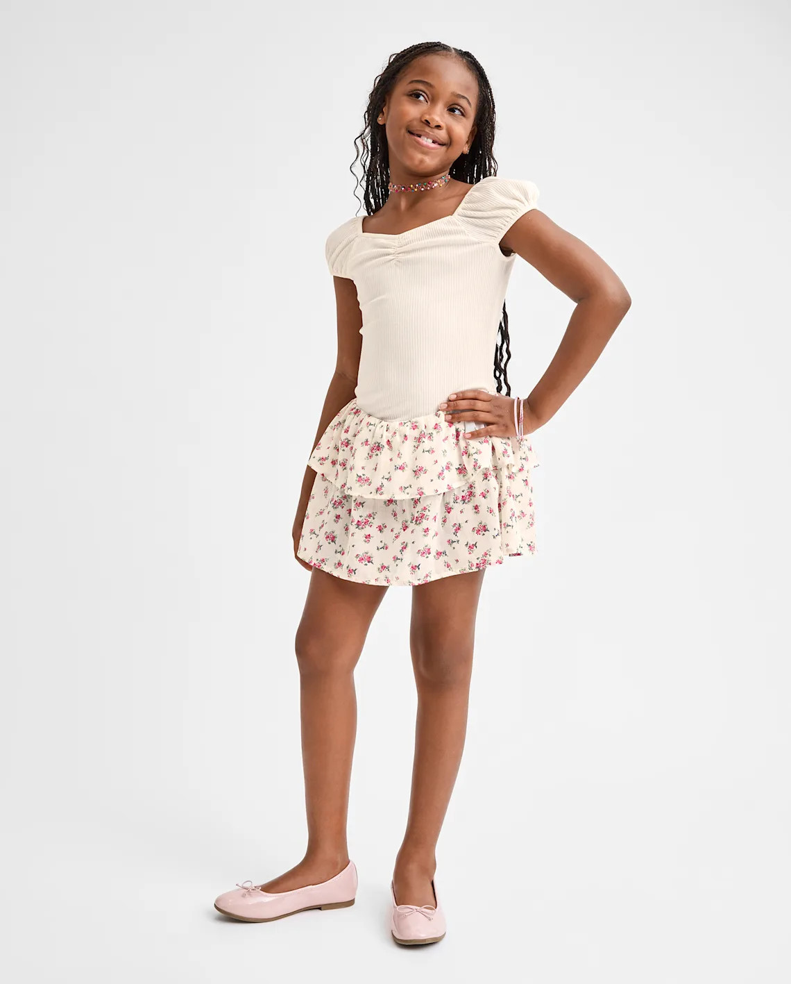 Girls Floral Tiered V-Waist Dress - cream | The Children's Place