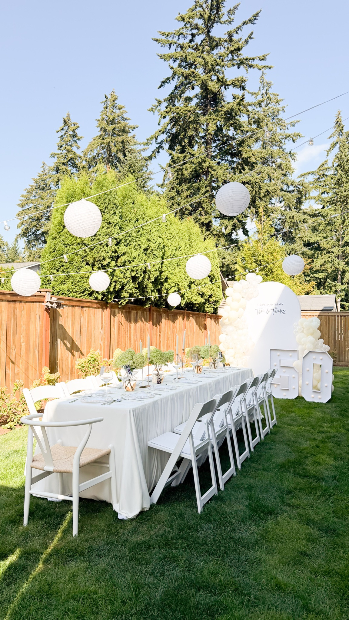 50th wedding anniversary table set up in my backyard! 

Balloons, paper lanterns, chairs, candles, candle holders, plates, arch, lights, Marquee numbers, vinyl, curtains, table, wine glasses, clamps, glue gun, balloon pump electric, dresses, Cricut tools

#LTKsummer #LTKhome