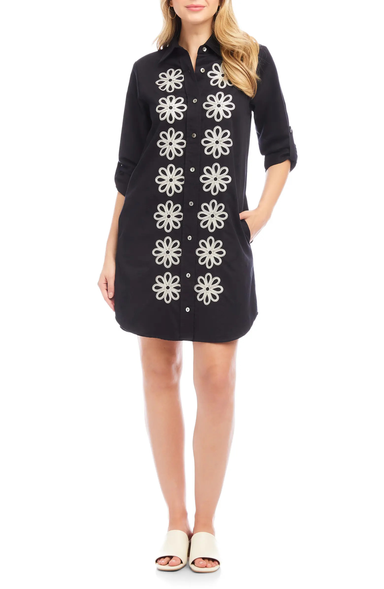 Karen Kane Embroidered Long Sleeve Cotton Shirtdress | Nordstrom | Nordstrom