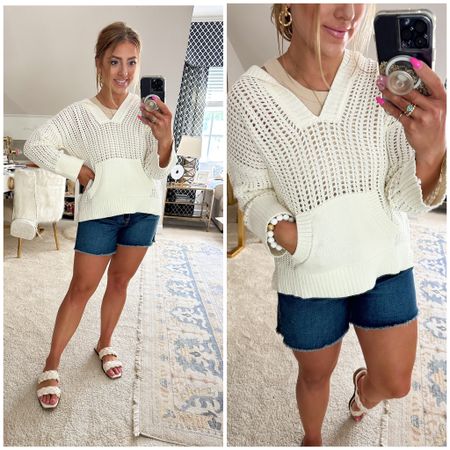Walmart fashion. Crochet pullover. Denim shorts. Beach style. 