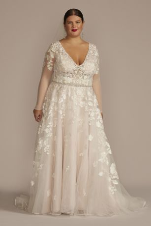 Illusion Sleeve Plunging Plus Size Wedding Dress | Davids Bridal