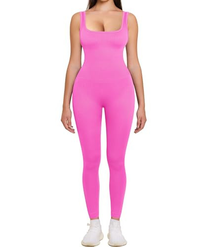 TrainingGirl Womens One Piece Workout Jumpsuits Square Neck Tank Tops Rompers Ribbed Sleeveless Exercise Unitard Yoga Bodycon (Hot Pink, Medium) | Amazon (US)