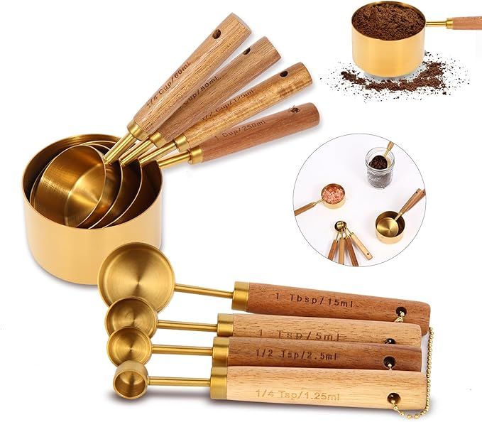 Gold Measuring Cups and Spoons Set with Fragrant Wood Handles, Premium Stainless Steel Measuring ... | Amazon (US)