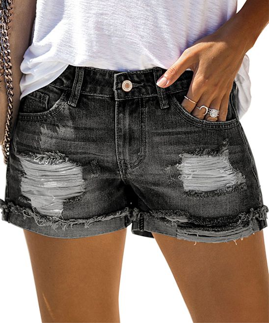 Zesica Women's Denim Shorts Black - Black Distressed Denim Shorts - Women | Zulily