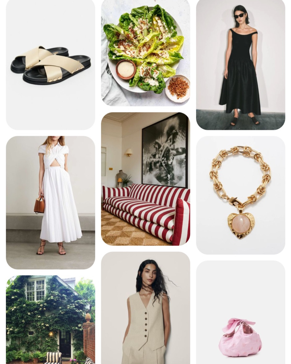 Things I’m eyeing for summer. 
Charm bracelet 
Leather slides 
White dress 
Tube tops 
Elegant style 