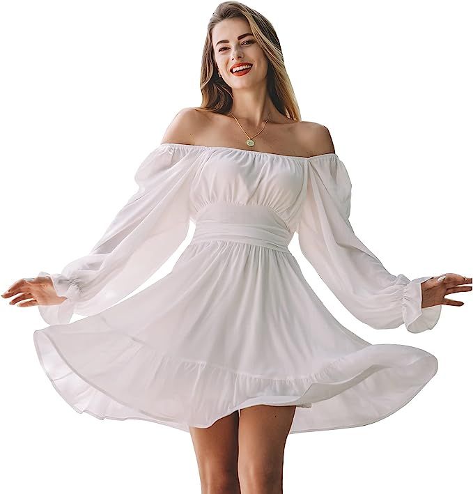 EXLURA Women Tie Back Long Lantern Sleeve Square Neck Ruffle Dress Elastic Waist Aline Casual Min... | Amazon (US)
