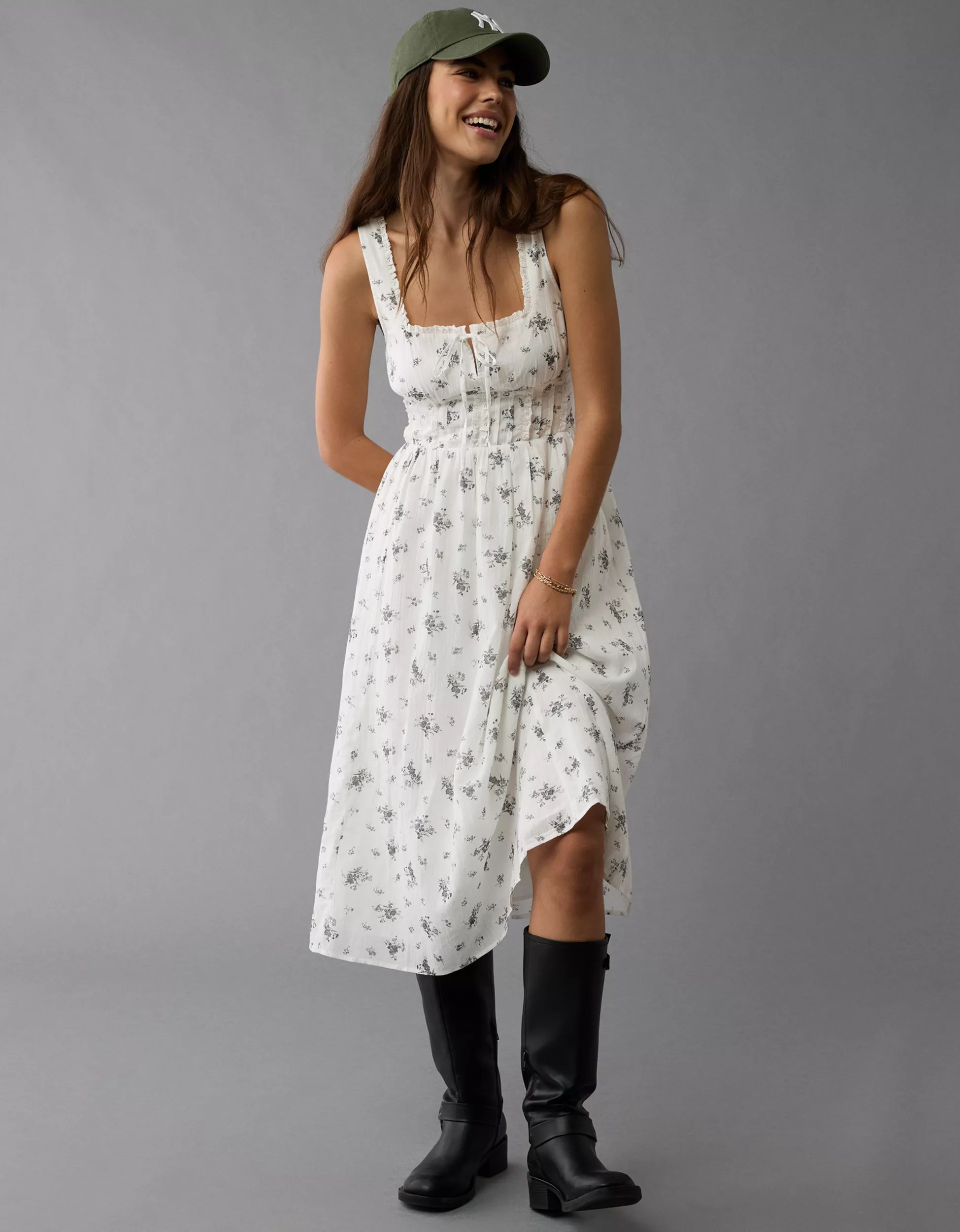 AE Corset Bodice Floral Midi Dress | American Eagle Outfitters (US & CA)