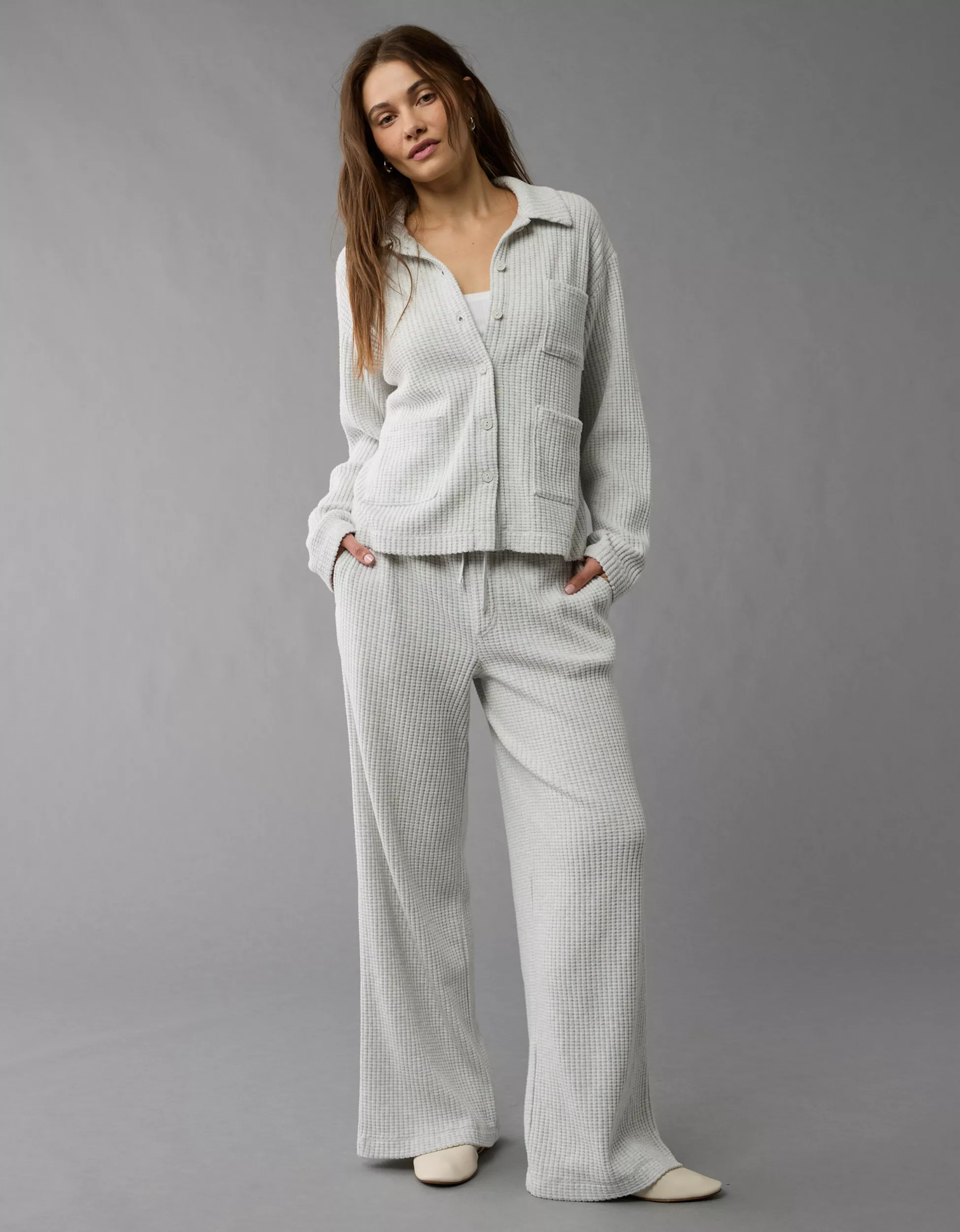 AE Fleece Waffle Button-Up Sweatshirt | American Eagle Outfitters (US & CA)