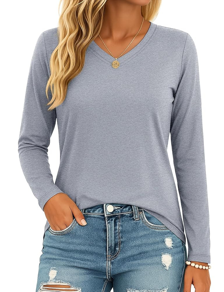 MAGCOMSEN Women's Long Sleeve Shirts V Neck Cotton Basic Tee Soft Breathable Casual Tops Cassic-F... | Amazon (US)