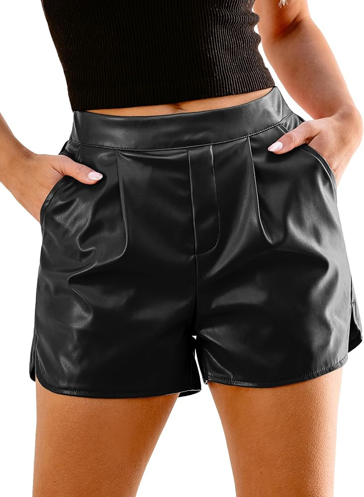 luvamia Faux Leather Shorts for Women High Wasited Pull On Pleated Side Slit Pleather Shorts with... | Amazon (US)