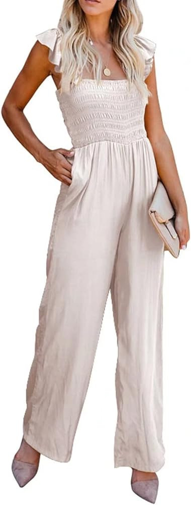 BLENCOT Womens Ruffle Spaghetti Straps High Waisted Long Wide Leg Jumpsuits Rompers S-XXL | Amazon (US)