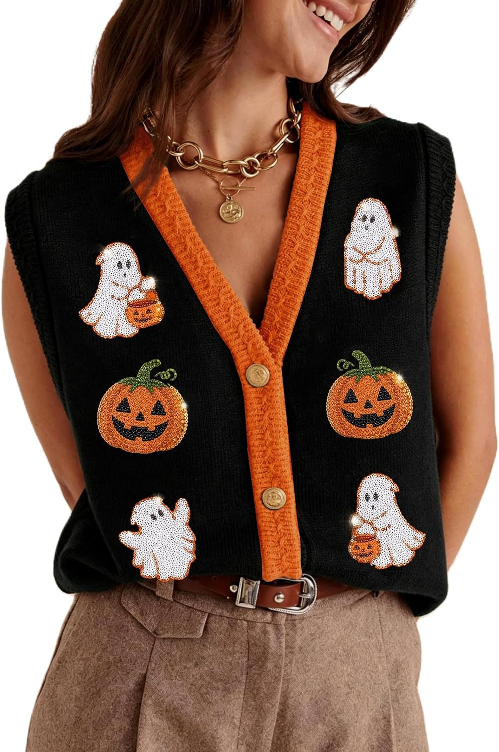 Women Halloween Sweater Vests Sleeveless Button Down Cardigan | Amazon (US)