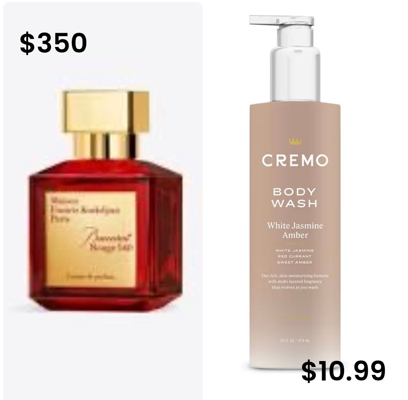 luxedupes / scentdupe / fragrancefind / affordableluxury / jasmineamber / warmandsweet / signaturevibes / everydayelegance / richnotes / glowup / beautyfind / under15 / showerluxury / softandsultry / datevibes / skinfirst / fragrancehack / highendlowcost / scentlayering / cleanbeauty / subtleluxury / cozyvibes / feminineenergy / freshandwarm / everydaychic / budgetfind / smellingood / confidenceboost / timelessscent / sweetandsensual / dupealert / fragranceobsessed / showerupgrade / luxeonabudget / signatureenergy / longlastingscent / richandwarm / simpleluxury / glowdaily

Hashtags:
#dupe #fragrancedupe #luxeforless #cremo #baccaratrouge540 #affordableluxury #scentdupe #beautyfinds #smellgood #budgetbeauty

Blurb:
This body wash gives that same warm, sweet, slightly woody vibe as Baccarat Rouge 540—thanks to its jasmine and amber blend. Cremo Body Wash White Jasmine Amber layers beautifully, leaving a soft, lingering scent that feels expensive without the price tag.