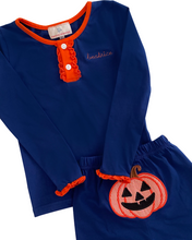 Jack O Lantern Applique Navy Pajama Set with Ruffles-FINAL SALE | Smockingbird Kids