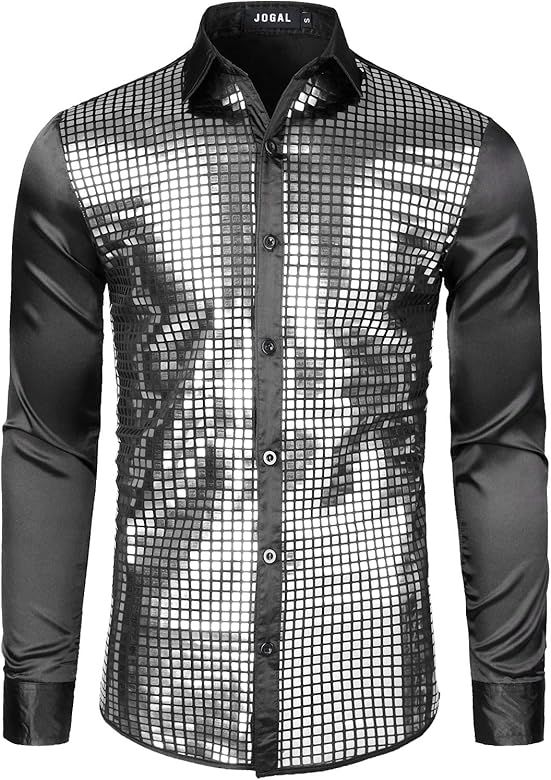 JOGAL Mens 70s Disco Costume Silver Sequins Long Sleeve Button Down Shirts | Amazon (US)
