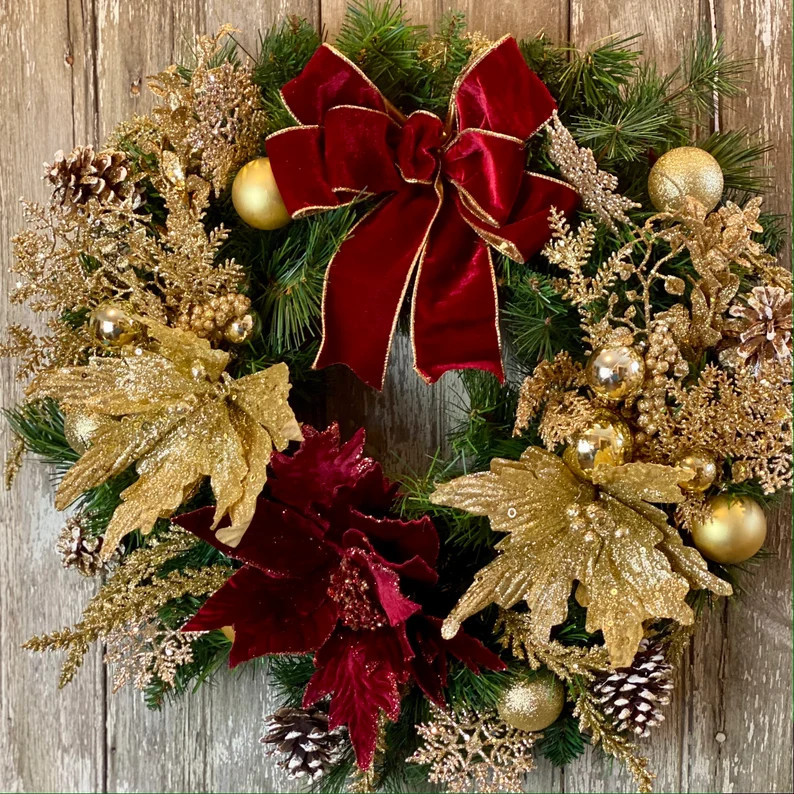 Poinsettia Christmas Wreath Pine Wreath for Front Door - Etsy | Etsy (US)