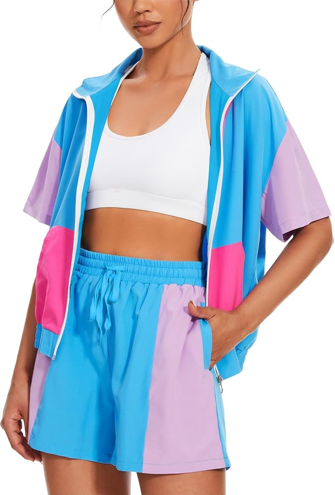UOUA Women's 80s Color Block Outfits 2 Piece Tracksuit 90s Party Costume Summer Zip Up Windbreake... | Amazon (US)