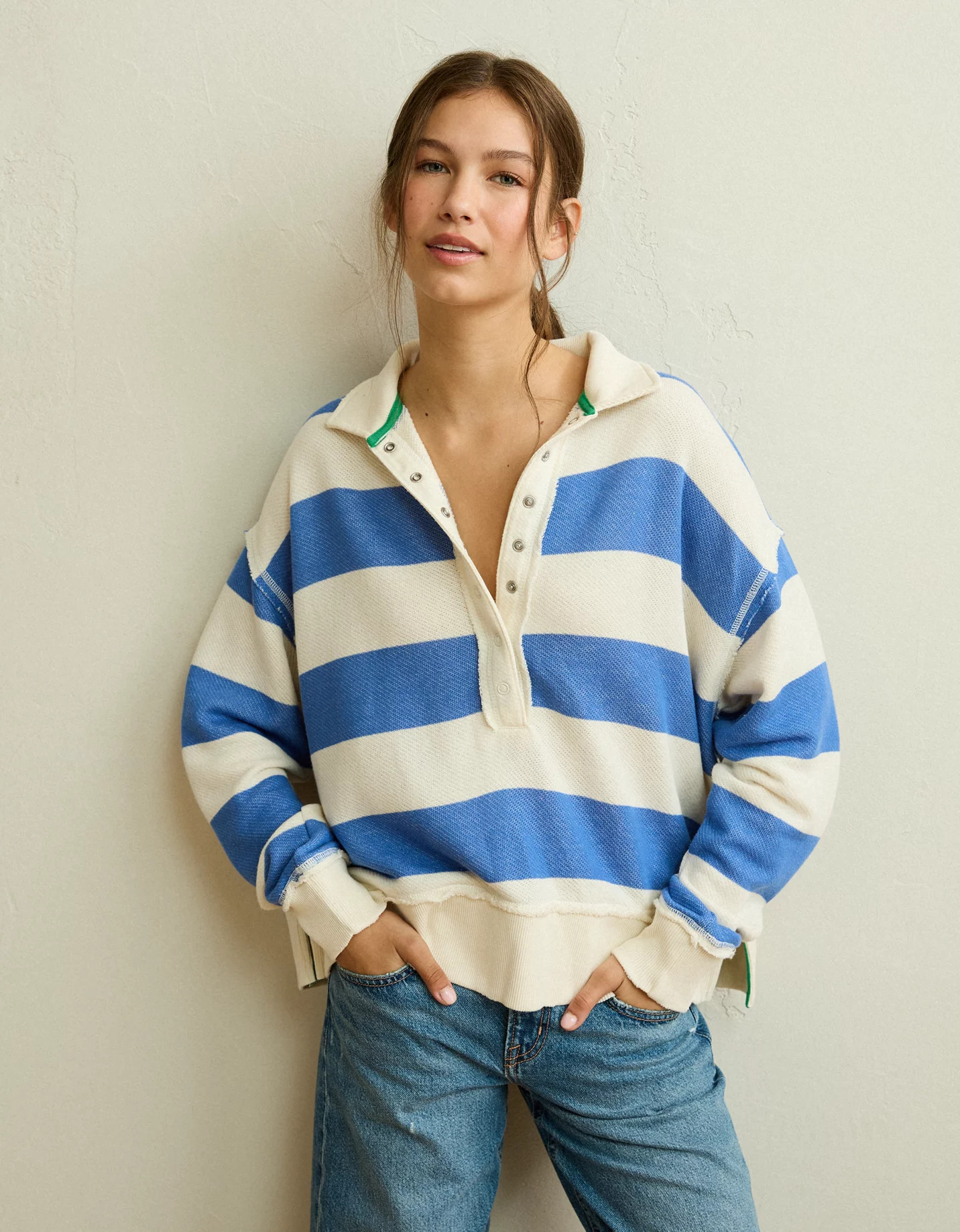 AE Campus Rugby Sweatshirt Women's Blue L | American Eagle Outfitters (US & CA)