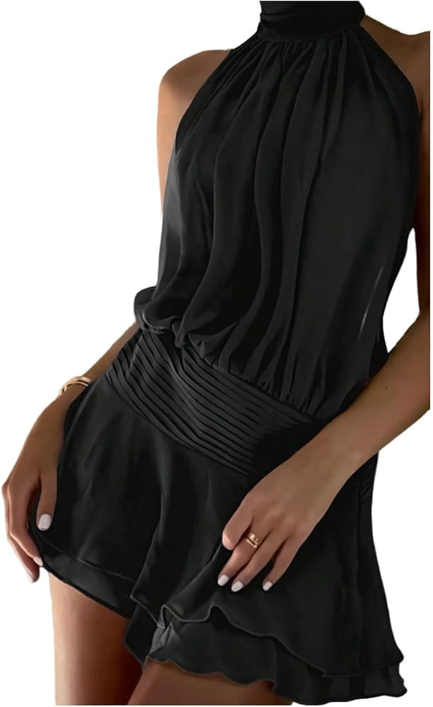 Floerns Women's Summer Mini Dress Sleeveless Halter Backless Ruched Date Night Layered A Line Dre... | Amazon (US)