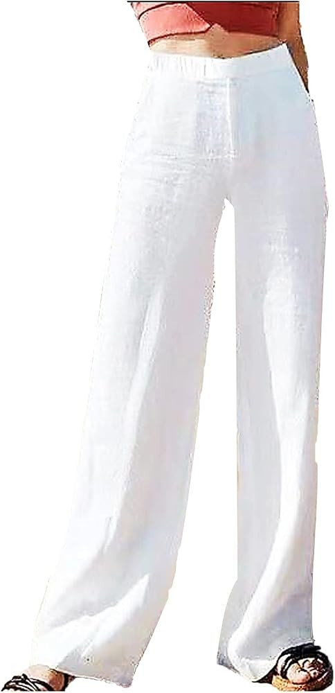 Maryia Pantalones Palazzo de lino para mujer con pierna ancha y cintura el\u00e1stica para verano... | Amazon (US)