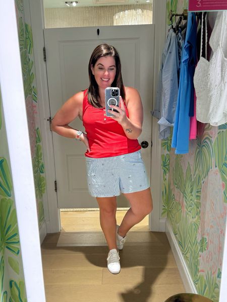 If you live somewhere where it is too hot to keep on the button up shirt, these stare shorts are super cute with just a red tank! This look is cute and comfy for the 4th and both pieces run TTS! 

#LTKFindsUnder100 #LTKStyleTip #LTKMidsize