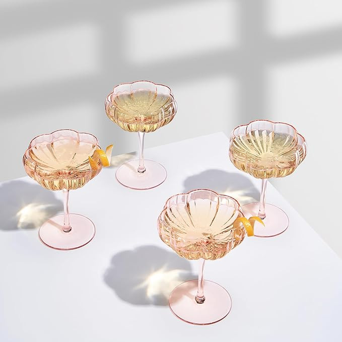 Khen Flower Modern Wavy Glass Coupes Martini, Champagne & Cocktail Coupes - Set of 4-7.7oz Colorf... | Amazon (US)