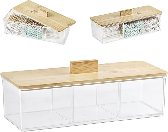 Clear Bathroom Dresser Organizer - Cotton Ball Swab Holder with 3 Divided Compartments&Lid, Water... | Amazon (US)