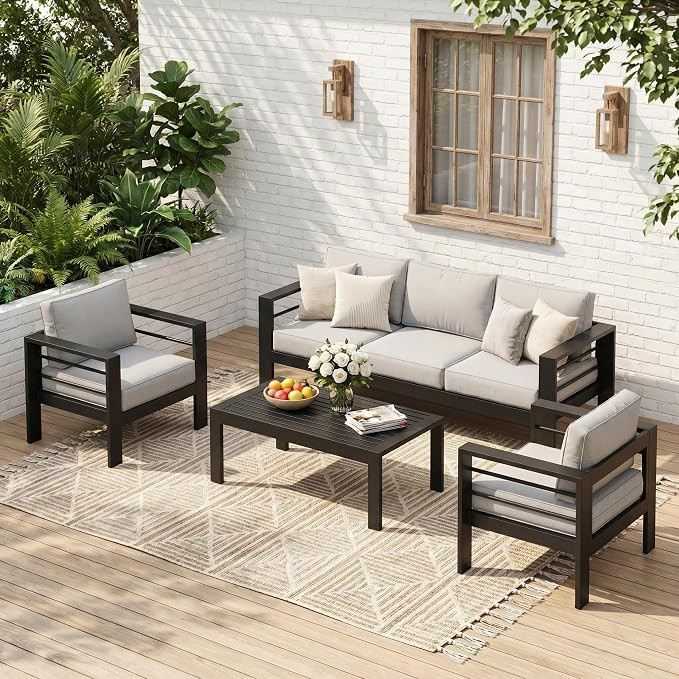 5-Seaters Aluminum Outdoor Patio Furniture Set, Patio Sectional with 5" Thick Cushion, Outdoor Fu... | Amazon (US)