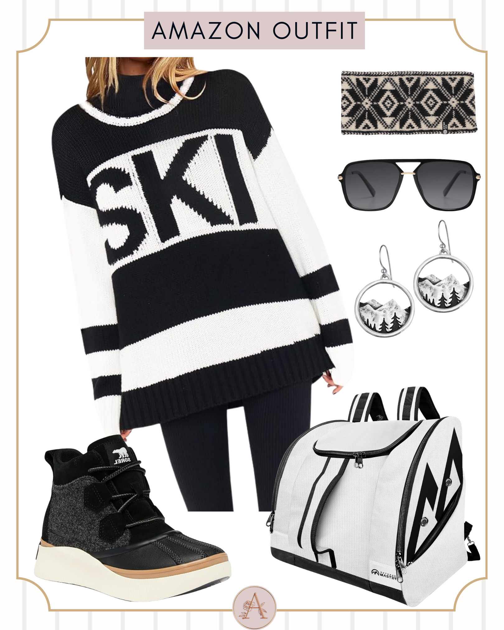 Black & white ski-inspired Amazon outfit featuring a cozy graphic sweater, black leggings, winter boots & travel backpack — perfect for cold weather, travel days, or après-ski vibes.  

 #LTKootd #LTKfitnessgoals #LTKSeasonal