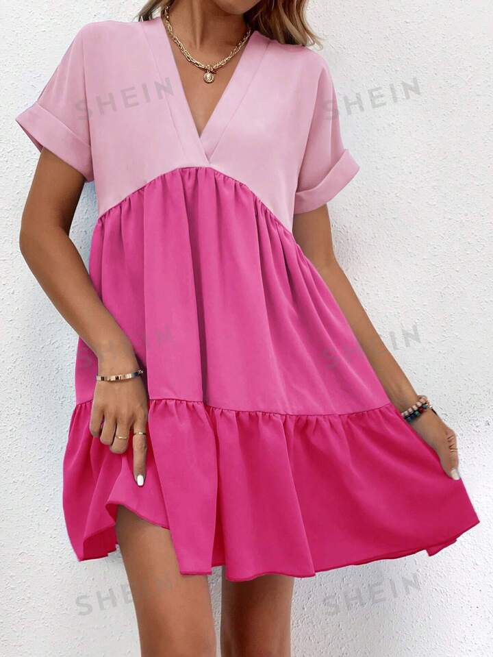 SHEIN VCAY V-Neck Color-Blocked Short Sleeve Dress With Ruffle Hem For Summer | SHEIN