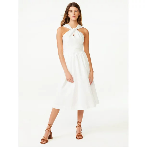 Free Assembly Women's Sleeveless Twist Knot Halter Fit and Flare Midi Dress, Sizes XS-XXL | Walmart (US)