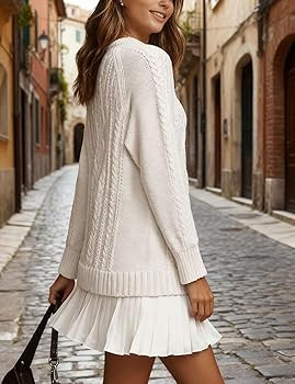 Women Cable Knit Sweater Dress Crewneck Long Sleeve Pleated Mini Dress Twofer Style Patchwork Dre... | Amazon (US)