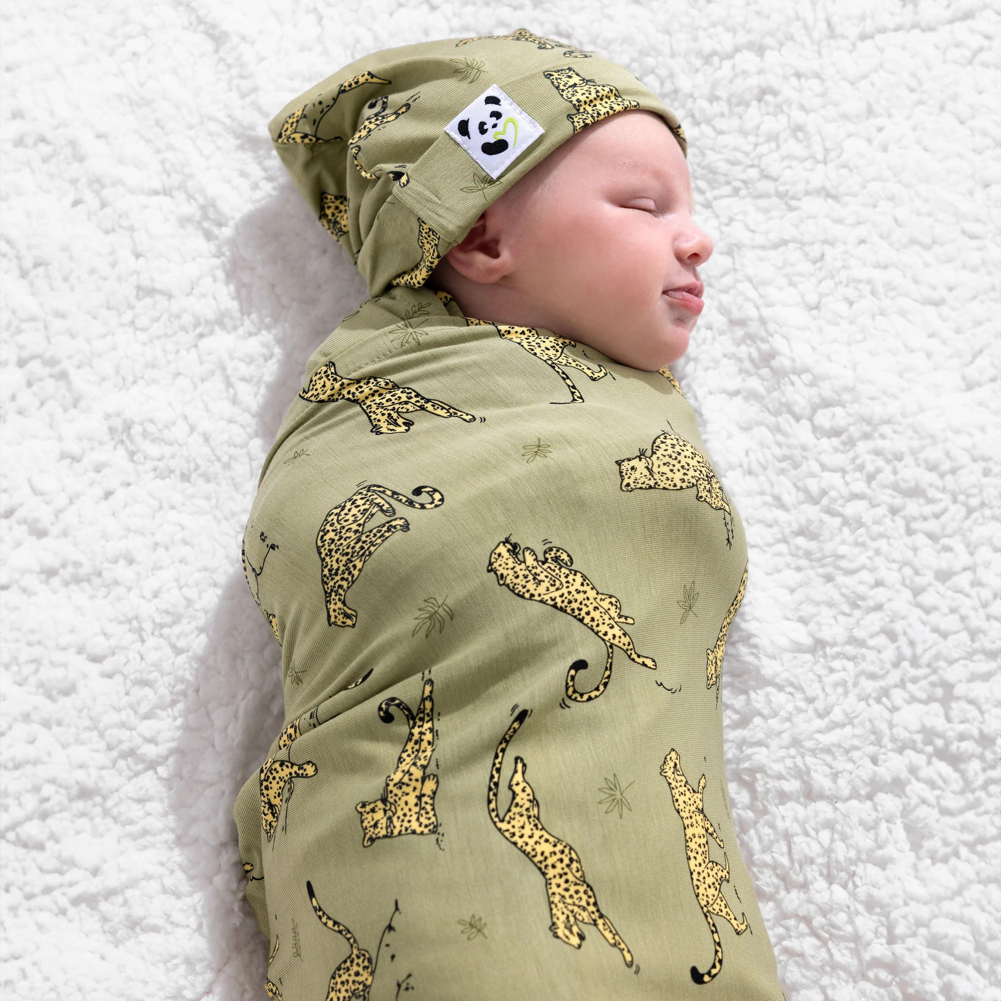 Sage & Spots Leopard Bamboo Swaddle & Beanie Set | Bellabu Bear